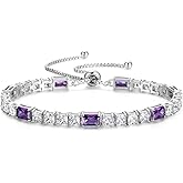 FANCIME Birthstone Bracelet for Women, Sterling Silver 4x6mm Gemstone Tennis Bracelet Bolo Adjustable Chain Fine Jewelry Birthday Gifts for Women Mom Wife Her