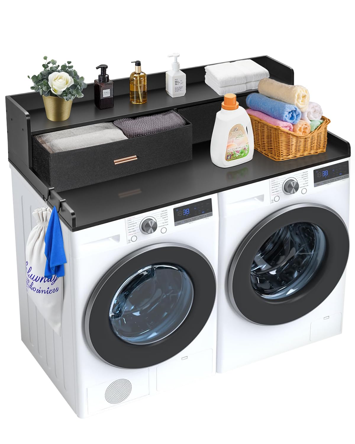 Photo 1 of VEVOR 2 Drawers Washer Dryer Countertop with Shelf, 54" x 27" Wooden Laundry Countertop with 2 Hooks & Non-Slip Pads, Washer and Dryer Covers for The Top, Laundry Room Organization and Storage, Black