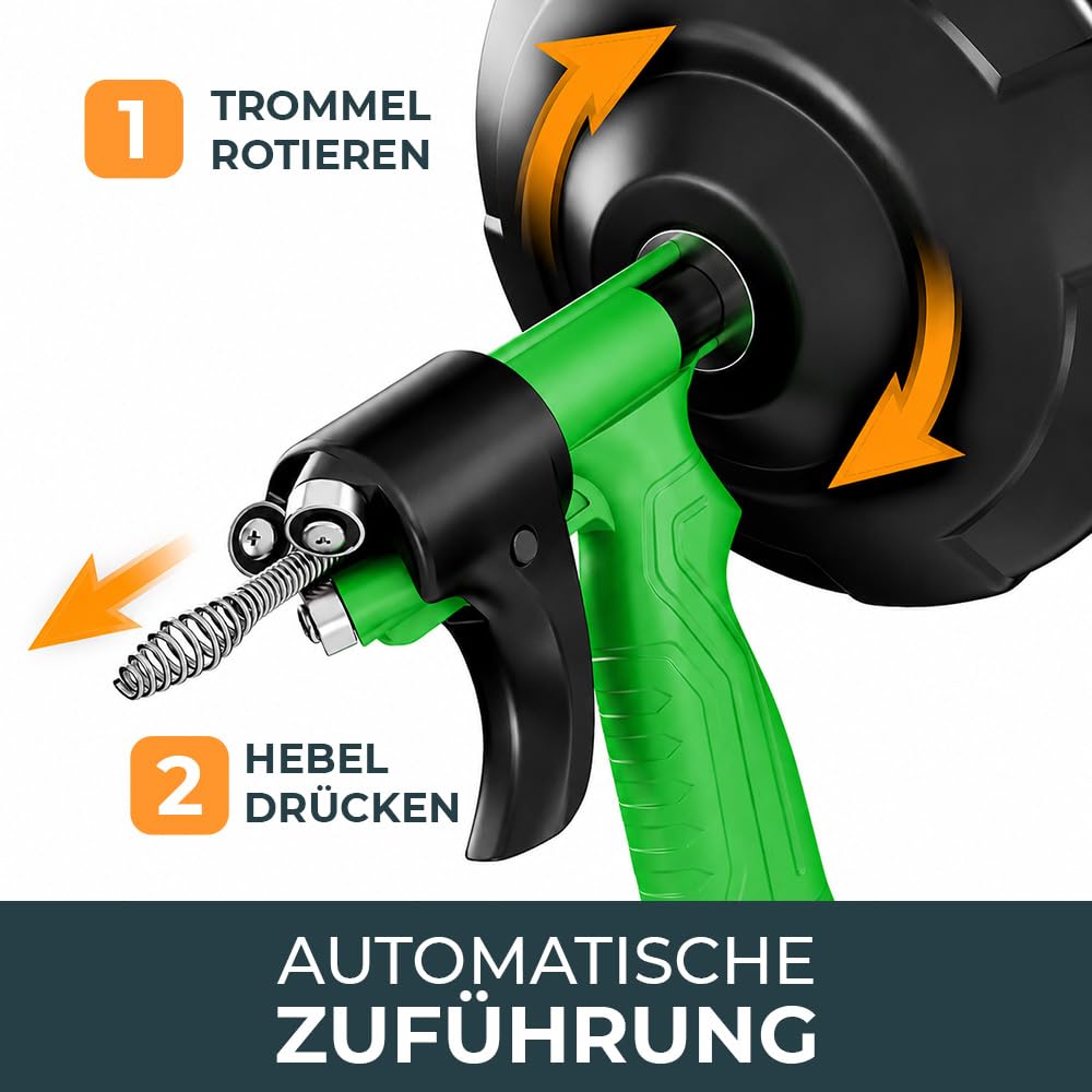 MEISTERFKTUR Rohrreinigungsspirale [7,5M] - Automatische Zuführung - Ideale Abflussspirale für eine umweltfreundliche Rohrreinigung - Stabile Rohrspirale für echte Heimwerker! (7,5M - 0,64CM) 3