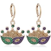 MALOYANVE Mardi Gras Earrings Elegant Alloy Glitter Purple Green Yellow Mask Crown Arrow Lightweight Hoop Earrings Carnival Parade Party Holiday Jewelry for Women