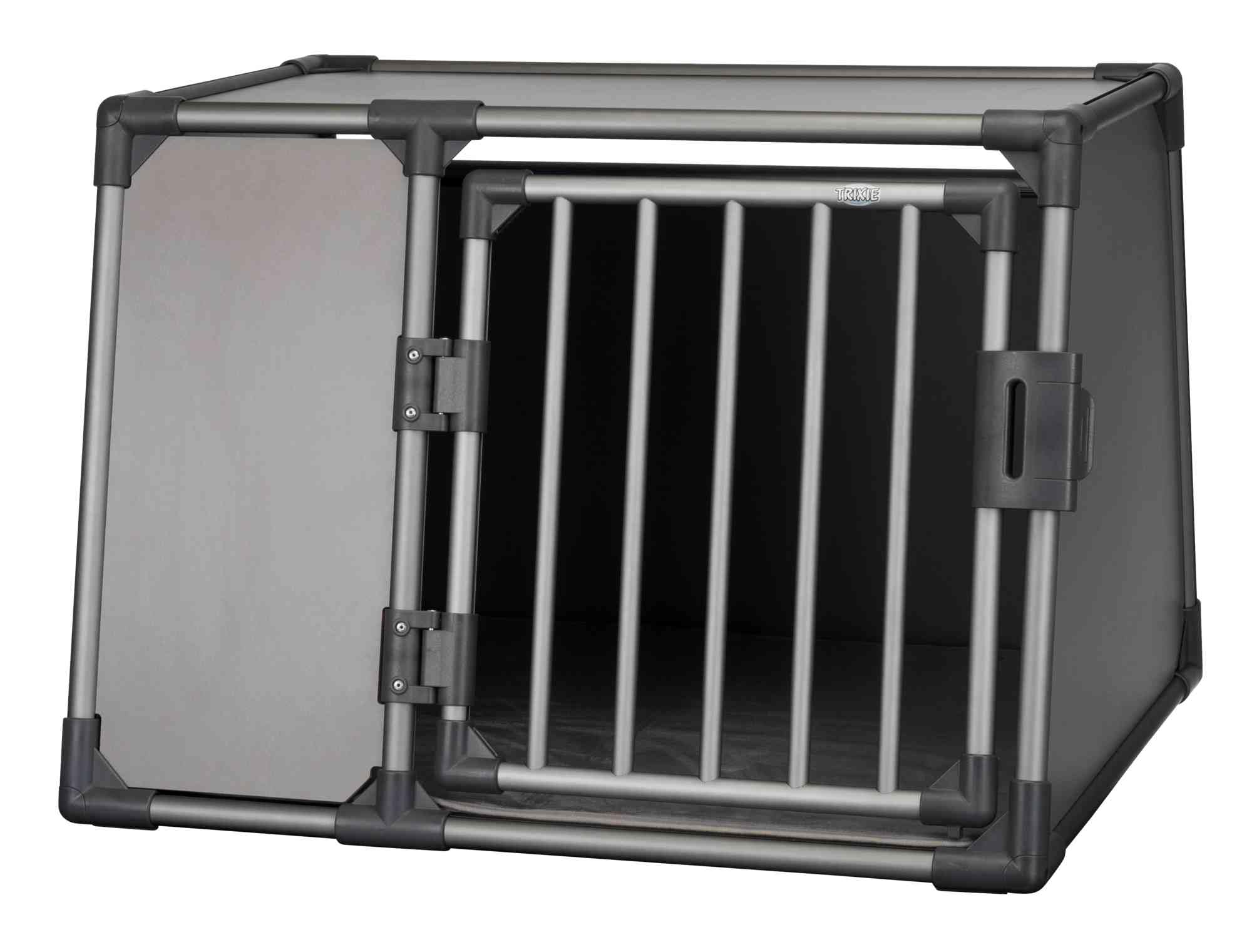 TRIXIE aluminium dog transport crate in graphite – size M–L: 24 × 26 × 34 in, sturdy and low-noise dog crate with slanted sides, safety lock and non-slip lying mat – 39338