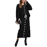 Pink Queen 2025 Women's 2 Piece Sweater Set V Neck Rib Knit Long Sleeve Maxi Bodycon Skirt Casual Outfits