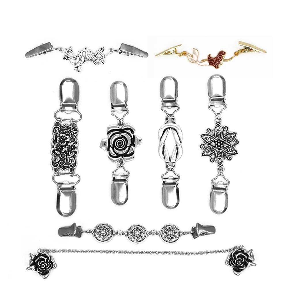 LaMure 8 Styles Silver Gold Vintage Sweater Shawl Clip Collar Pins Brooches Retro Flower Patterns Cardigan Collar Clips for Women Girls