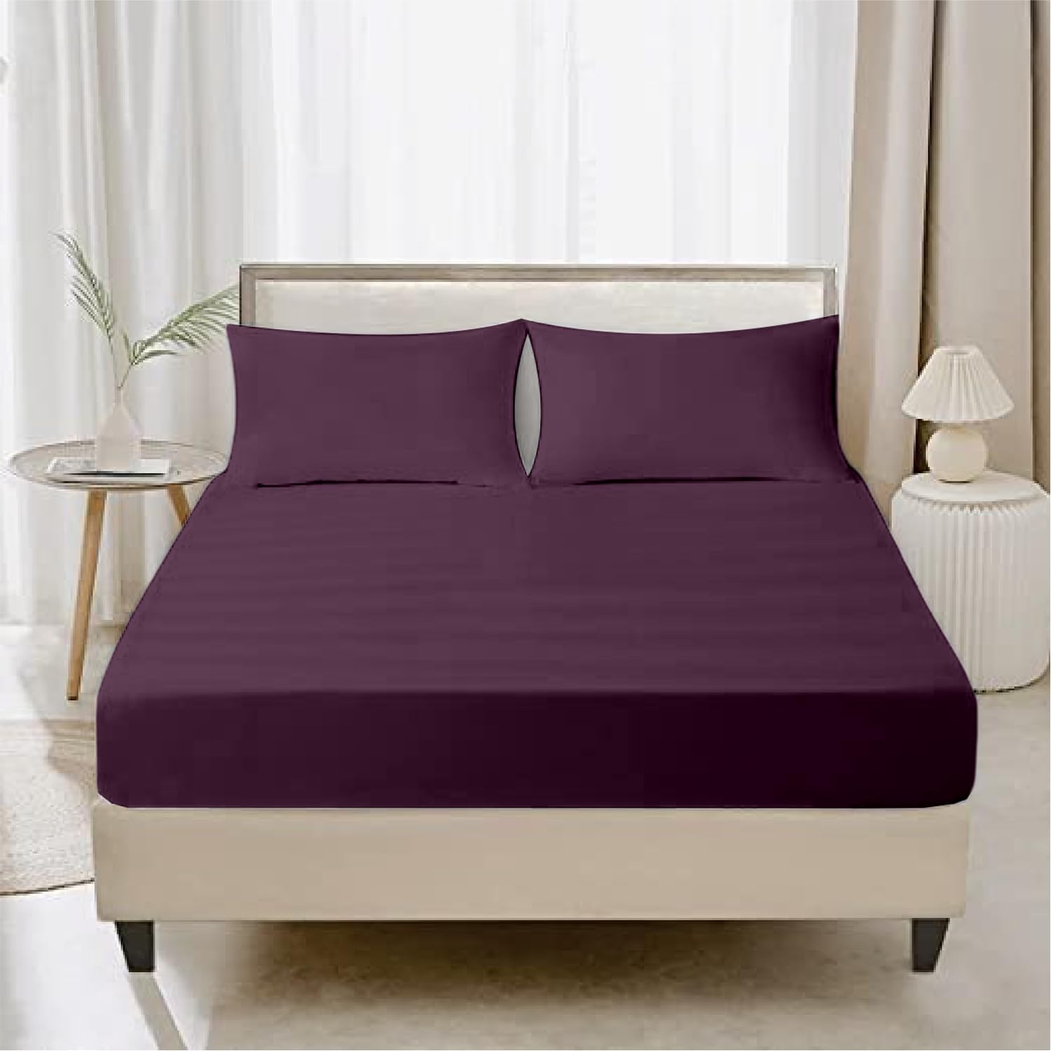 Kotton Culture Fitted Sheet King 100% Egyptian Cotton 48cm extra deep fitted sheets with Two Pillowcases 600 Thread Count Bottom Sheets (150x200cm, Plum)