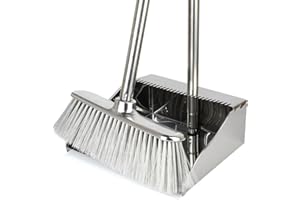 Metal Dustpan with Broom Set, Long Handle Stainless Steel Dustpan,Heavy Duty Standing Dust Pan with Teeth, Indoor Outdoor Up 