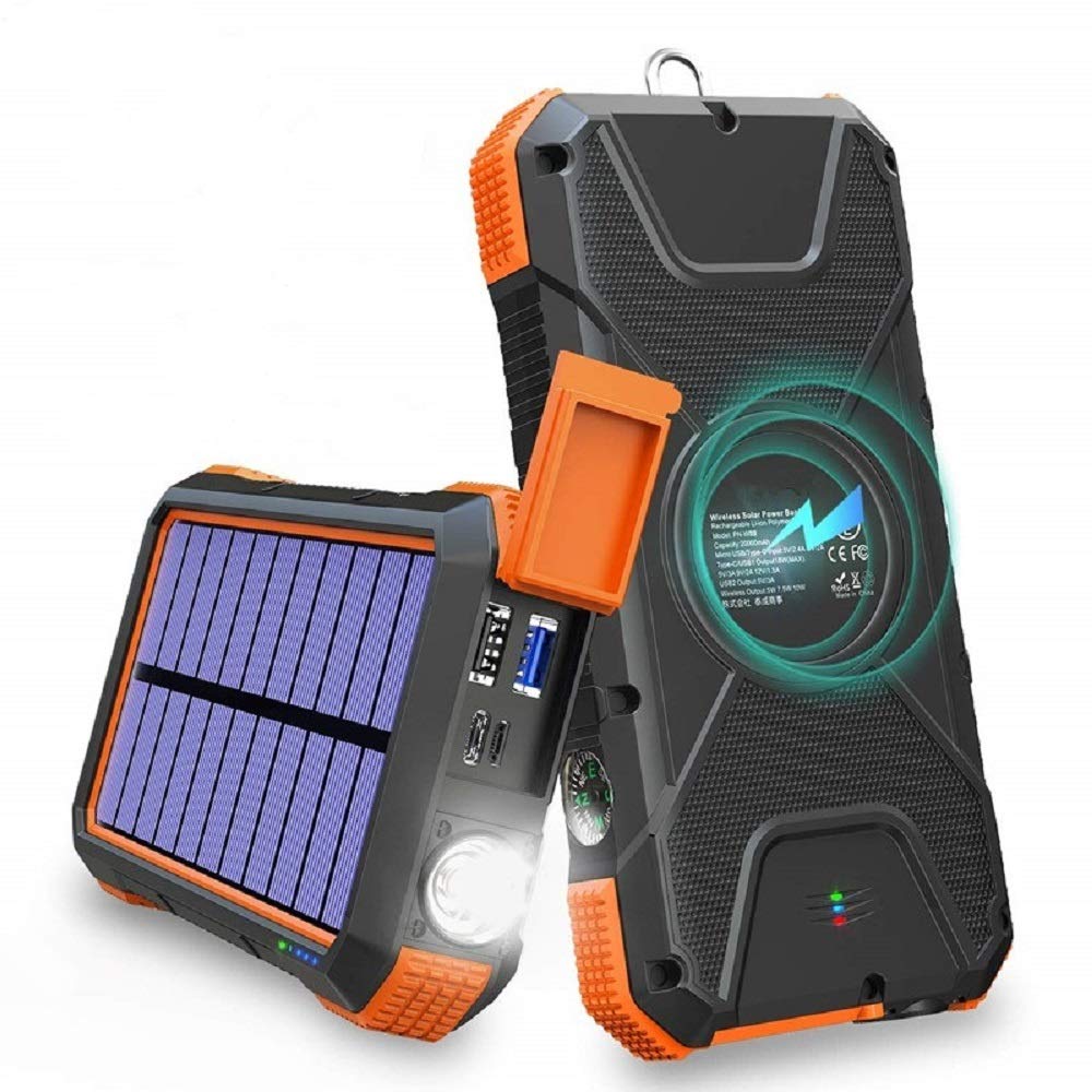Solar Power Bank 20000mAh JJA Qi Wireless Portable Solar Charger External Backup Battery IPX6 Waterproof USB-C & Type-C Output Ports, SOS Flashlight for Camping, Hiking, Travelling (Orange)