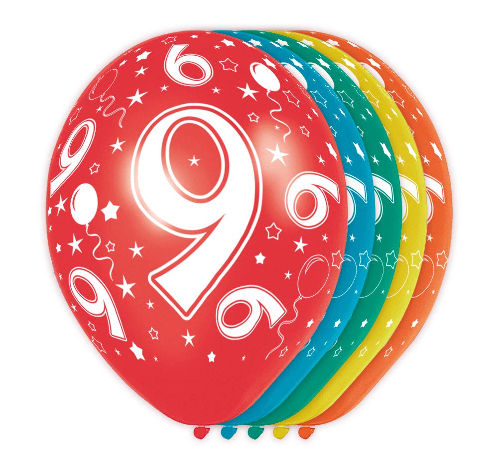 Folat - 9 Years Metallic Helium Balloons for Party Decoration - Multicolor - 12In / 30cm - 5 pieces 19309