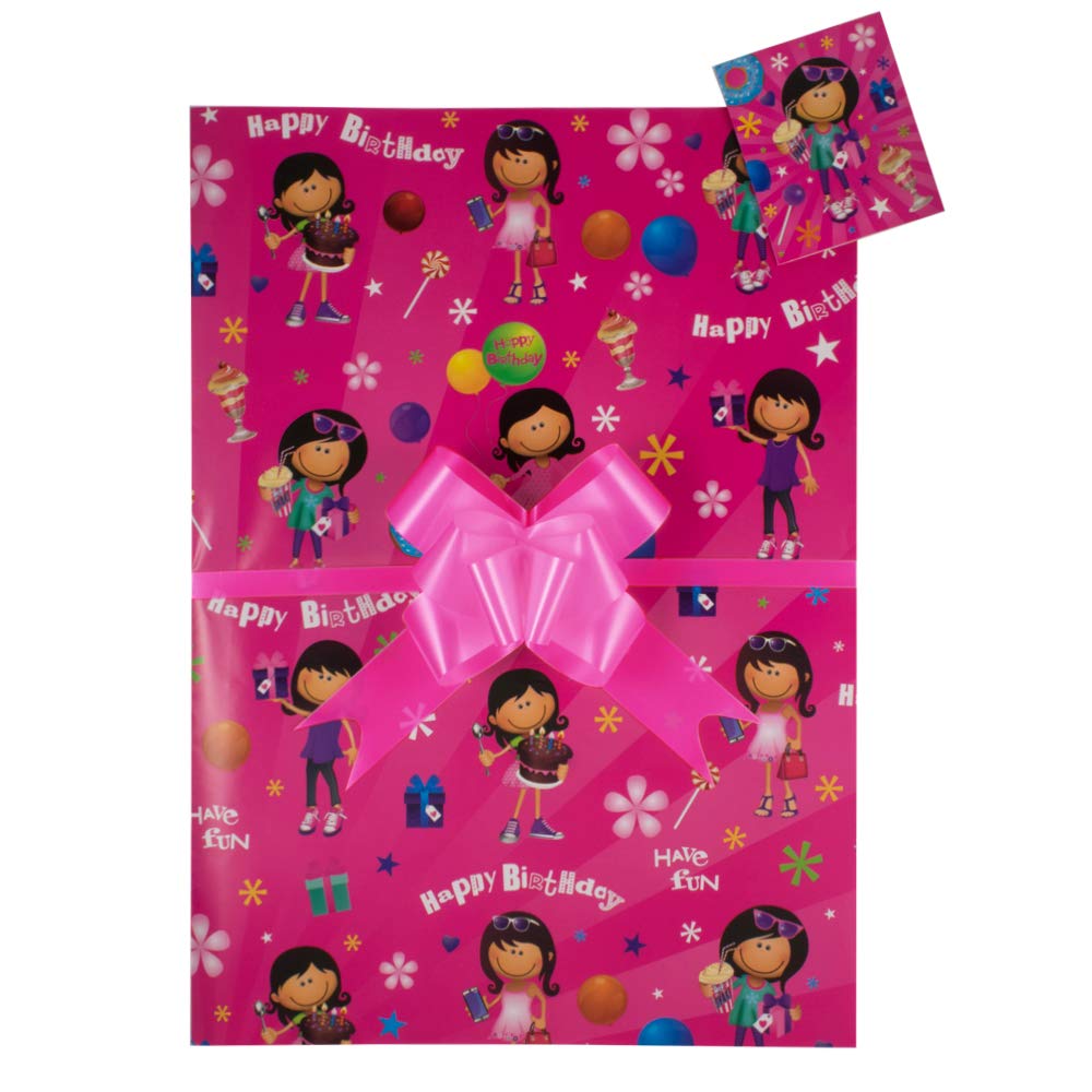 Girl, Happy Birthday, Gift Wrap Pack, Gift Wrap, Two Sheets, Two Matching Tags and Two Co-ordinating Pull Bows. Perfect for Girls Birthday