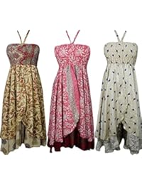 Womens Halter Dress Recycled Silk Sari Vintage Two Layer Embellished Summer Sundress Wholesale Lot Of 3 Pcs