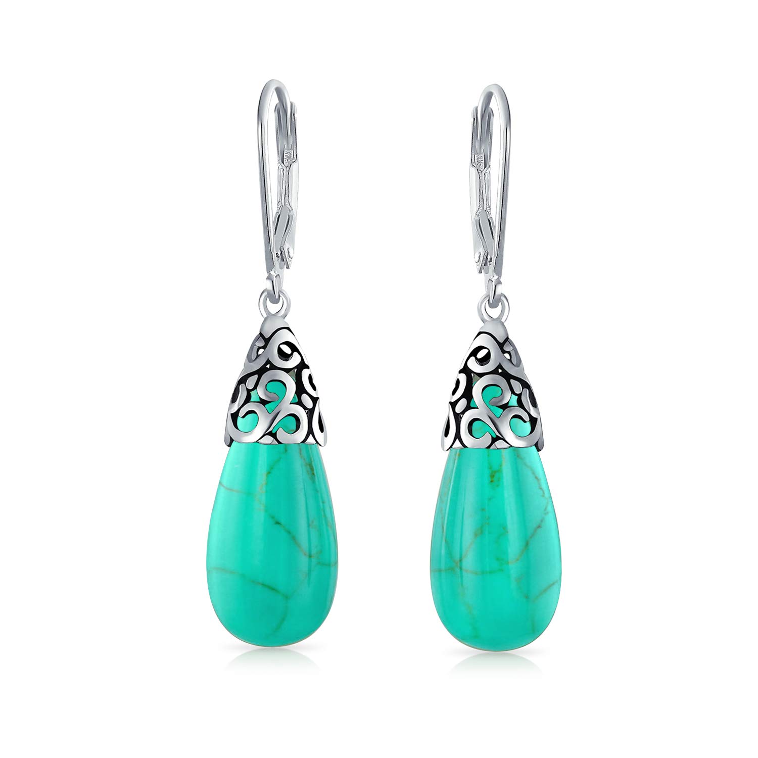Western Style Gemstone Stabilized Turquoise Elongated Teardrop Filigree Lever Back Dangle Earrings For Women .925 Sterling Silver