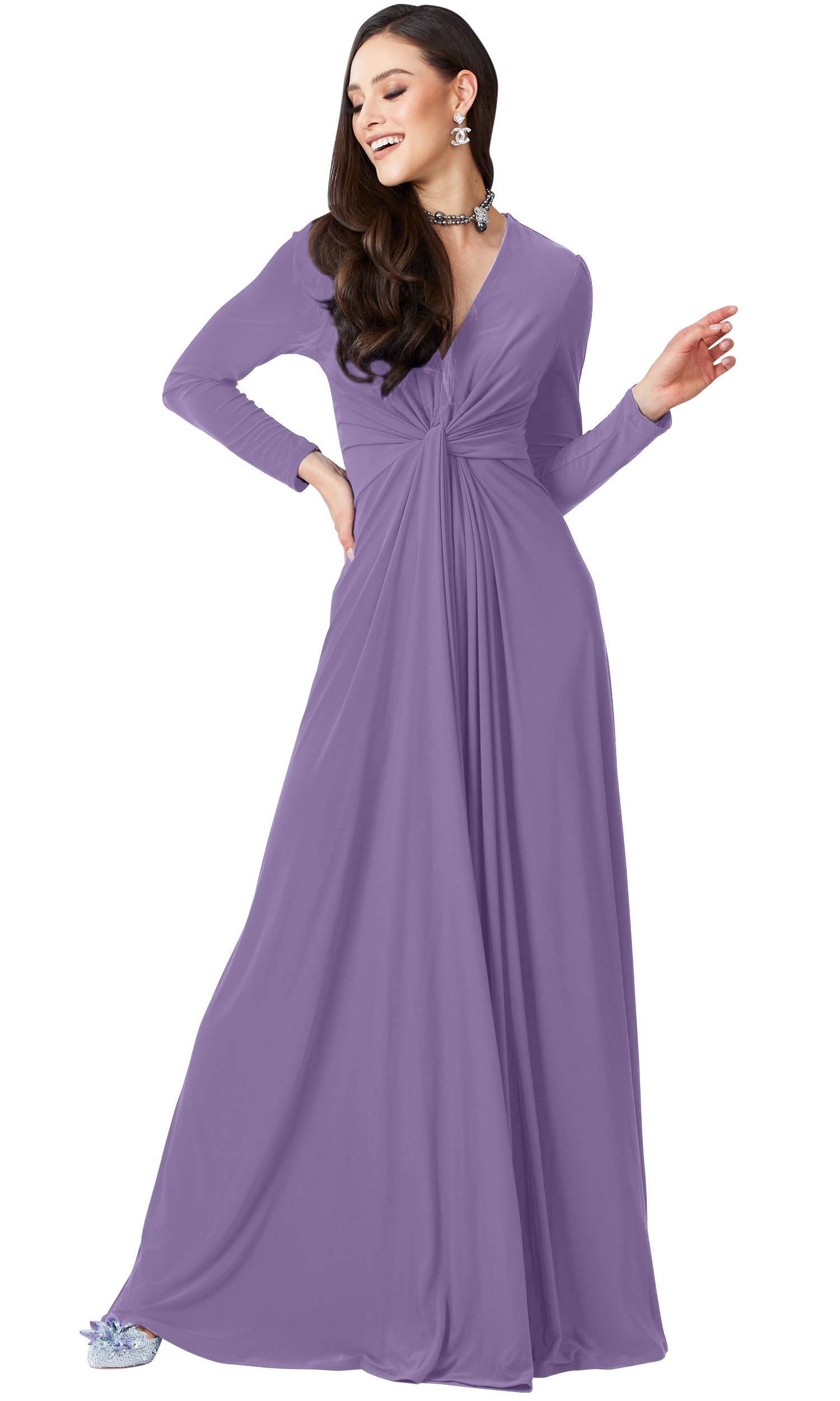 Photo 1 of KOH KOH Plus Size Womens Long Sleeve Flowy Formal Fall Winter Evening Elegant Designer Dressy V-Neck Empire Abaya Modest Muslim Church Maxi Gown Gowns Dress Dresses, Lilac Light Purple 3XL 22-24