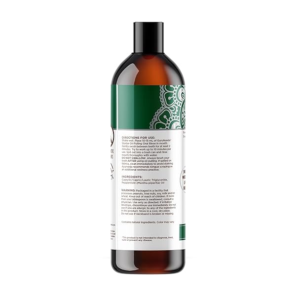 GURUNANDA STARTER PULLING OIL MOUTHWASH FOR NATURAL TEETH WHITENING, COCONUT AND PEPPERMINT OIL FOR FRESH BREATH & HAPPY GUMS, WITH TOOTHBRUSH & TONGUE SCRAPER, ALCOHOL-FREE, 8 OZ