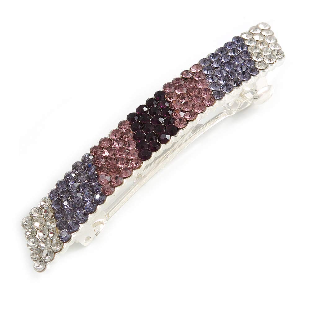 Purple/Lavender/Clear Barrette Hair Clip Grip In Silver Tone - 80mm Across