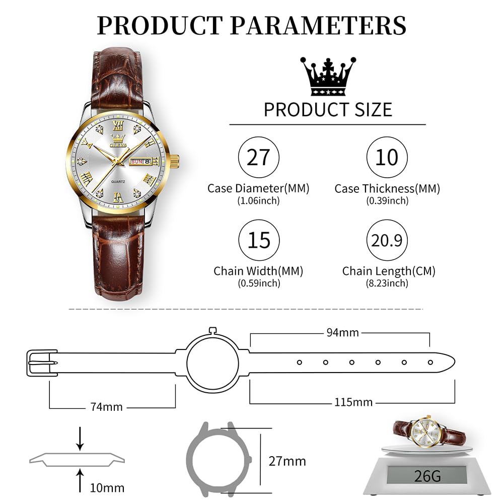 OLEVS Classic Leather Watches for Women, Business Dress Diamond Roman Arabic Numerals Ladies Watches, Day Date Waterproof Analog Quartz Womens Wrist Watches Brown Leather Strap Relojes para Mujer