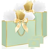 Ethhqu Fancy Large Gift Bags with Handles, 2 Pack 12.6x10x4 Inches - Includes Tissue Paper & Cards for Birthday, Valentine's Day, Baby Shower, Wedding, Anniversary & Holiday Gifts (Green and Gold)