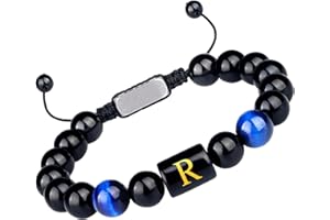 Purdvro Letter Initial Letter A-Z Bracelet for Men Teens Handmade Natural Black Onyx Tiger Eye Stone Bead Bracelet Meaningful Gift Birthday Anniversary