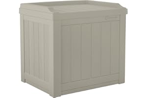 Suncast Small Deck Box-Lightweight Resin Indoor/Outdoor Storage Container and Seat Cushions and Gardening Tools Store Items on Patio, Garage, Yard, 22 Gallon, Light Taupe