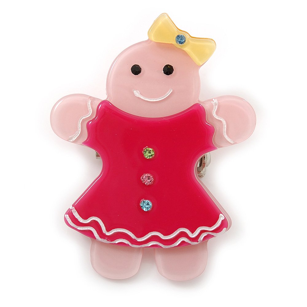 Baby Pink/Magenta Austrian Crystal Acrylic 'Gingerbread Girl' Brooch - 50mm Length