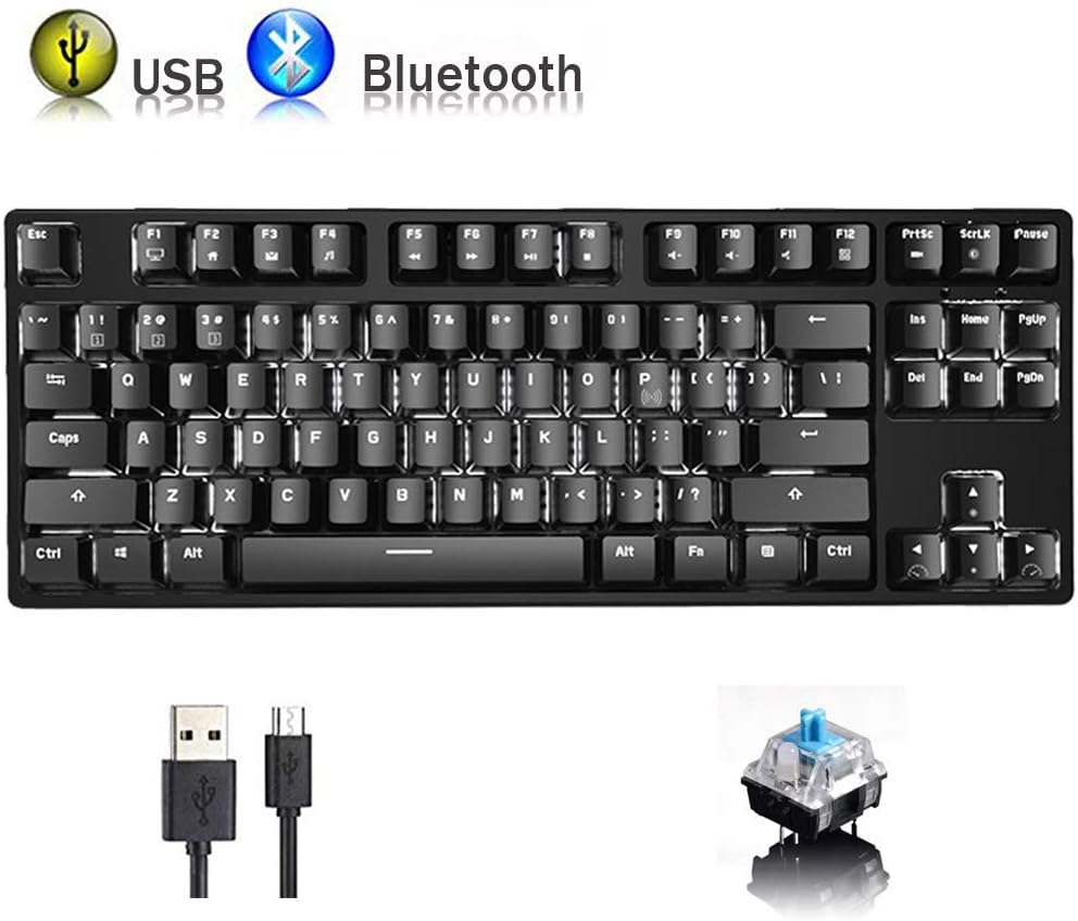 Mechanical keyboard, Wired/Wireless Bluetooth Dual Mode,17 Kinds White LED Backlit of 87-key Rechargeable Gaming Keyboard, with Full Anti-ghosting Key, GATERON Shaft Body and PBT Keycap (Blue Switch)