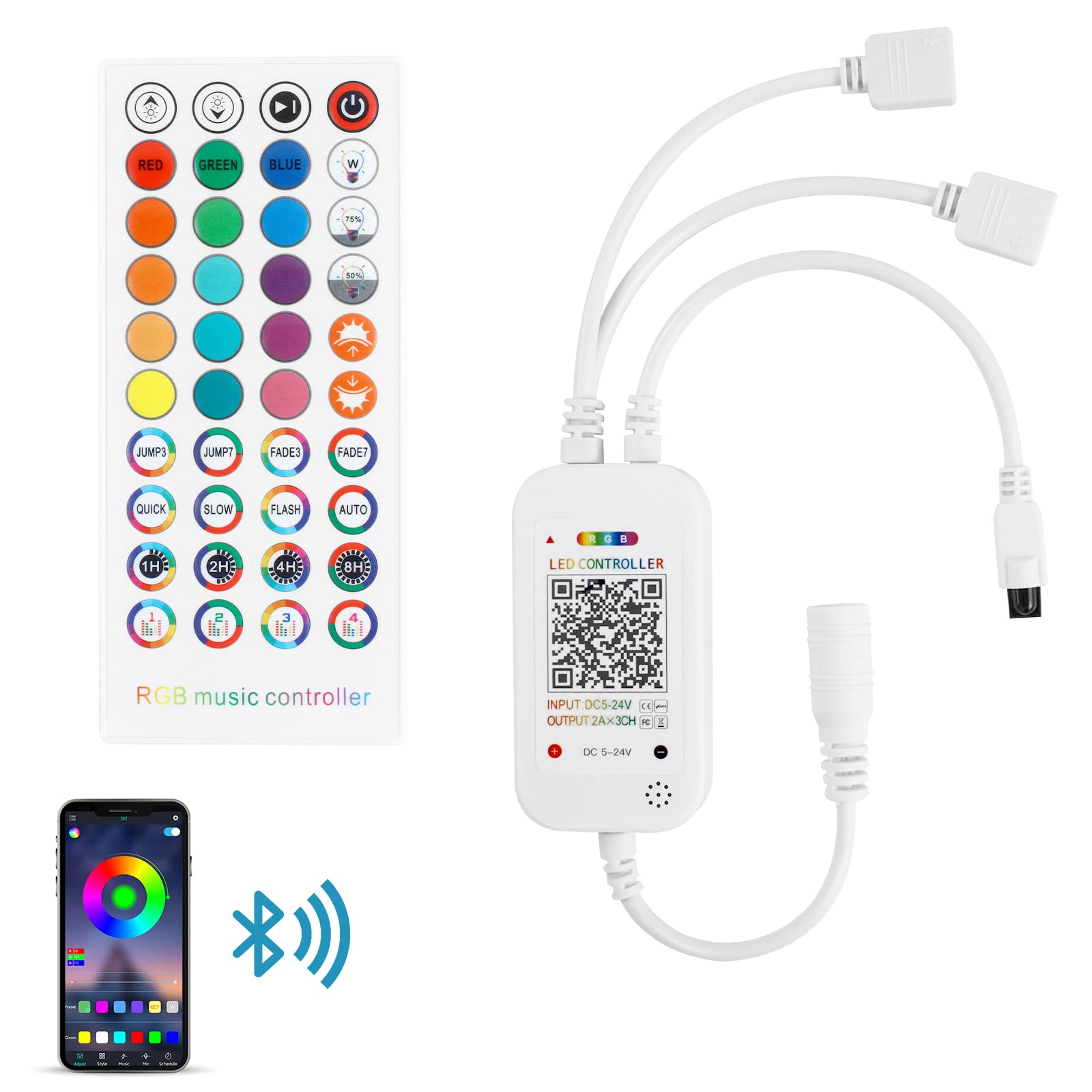 Aroidful Bluetooth LED Strip Light Controller - 2 Ports Output 40 Keys Remote Control, Music Sync RGB Controller DC 5-24V 2A for SMD 5050 3528 Strip Lights — image 1