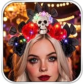 Fdesigner Skull Headband Crown Light Up Halloween Flower Headbands Gothic Day of the Dead Rose Hairband for Women
