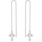 LELOUCHY Cross Birthstone Threader Earrings 925 Sterling Silver Gemstone with Cross Christian Long Chain Ear Line Jewelry for Women Gifts