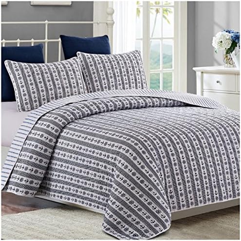 Anchors Reversible Quilt Set, Classic Striped Nautical Pattern, 3-Piece Set with Quilt and Pillow Shams - King, Anchors