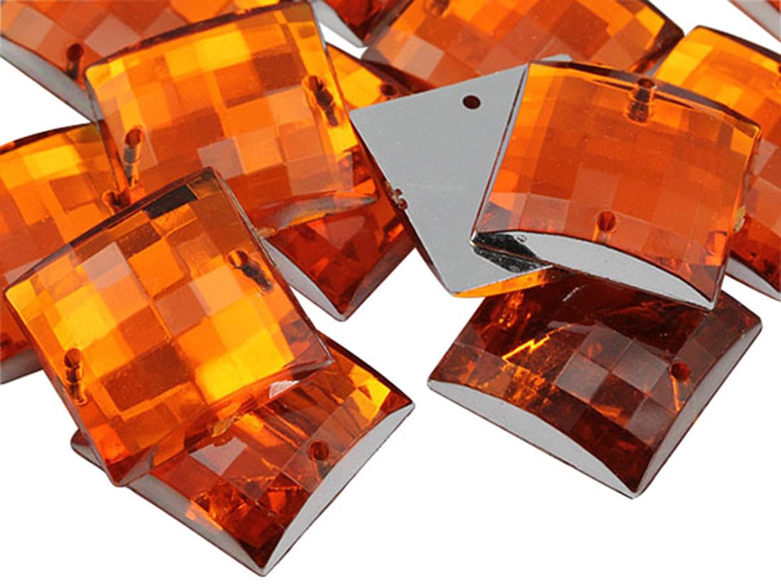 Allstarco 16mm Orange Hyacinth CH08 Square Flat Back Sew On Beads for Crafts Plastic Acrylic Rhinestones with Holes for Sewing, Clothing Embelishments, Costume Cosplays 40 Pieces