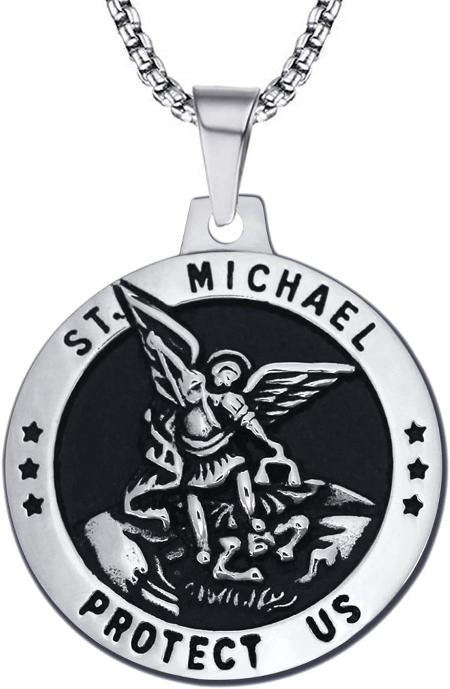 St Michael Necklace Vintage Stainless Steel The Archangel Pendant with Chain