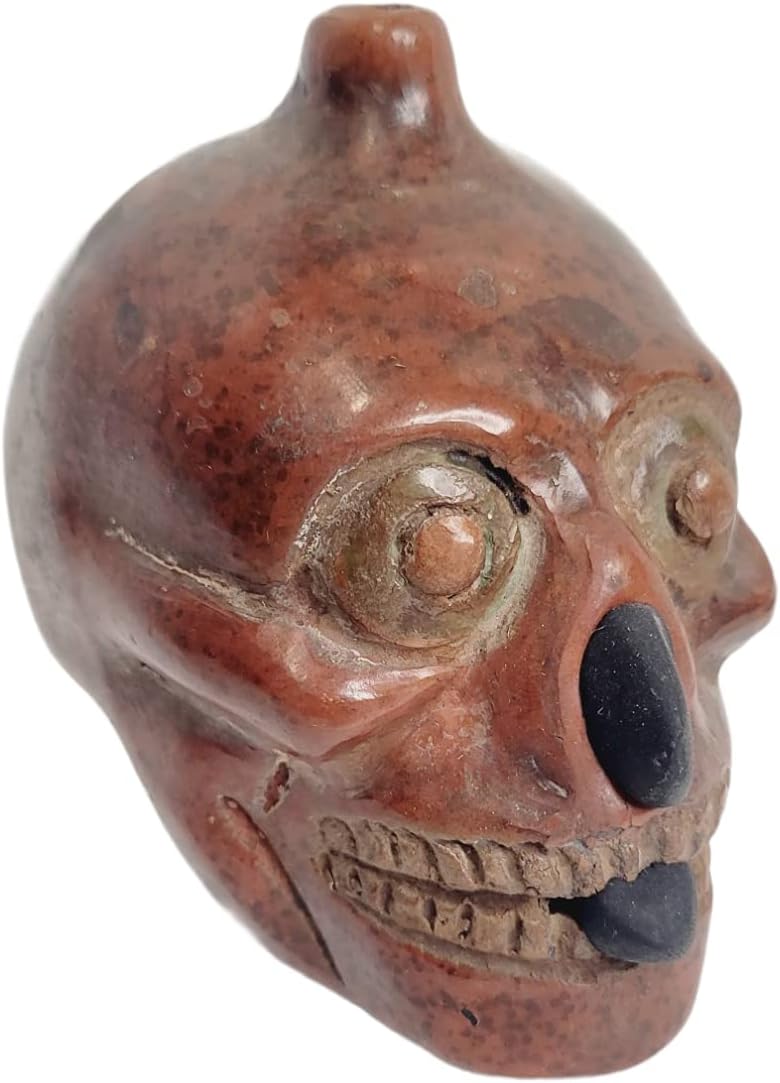 Mixed Media - Death Whistle Skull With Dagger In Mouth And Nose, Large, Loud, Handmade Clay Aztec Replica, Death Whistle (Red)