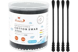 HOMEFOX Black Cotton Swabs Spiral - 200 Count Organic Cotton Buds Gothic Bathroom Tightly Wrapped Charcoal Cotton Tips Paper Stick Soft Gentle Cruelty-Free Lint-Free, Round & Spiral (Black)