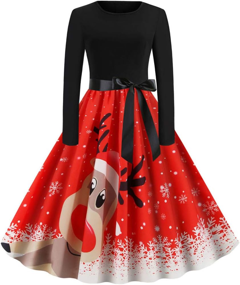 Easong Christmas Dresses for Women Cocktail A-Line Dress Women's Long Sleeve Crew Neck Casual Flared Dress