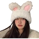 JUMISEE Cute Plush Bunny Ear Beanie Hats for Women Girls Y2K Rabbit Warm Winter Hat Skull Cap