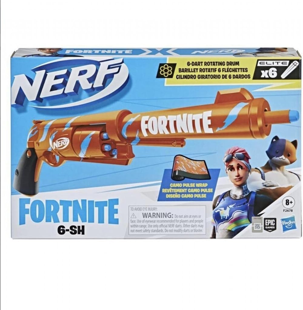 Nerf Fortnite 6-SH Blaster Camo Pulse Drum 6 Elite Darts Hammer Action