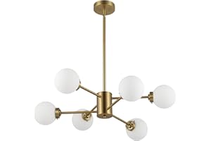 WINGBO 6-Light Sputnik Chandelier, Modern Pendant Light Fixture with 4.7" Opal White Glass Globe Shade for Flat and Slop Ceiling, Height Adjustable for Kitchen Living Room Dining Room Bedroom, Gold