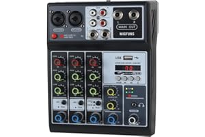 MICFUNS Mini audio unpowered audio mixers DJ mixer Sound Board Console System,4 Channel 48V Phantom Power with Bluetooth USB MP3 Stereo live DJ Studio Streaming for professional recording party KTV stage