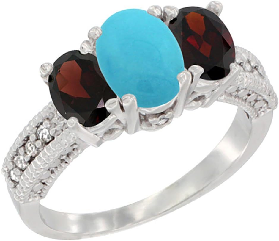 Silver City Jewelry 14K White Gold Diamond Natural Turquoise Ring Oval 3-Stone with Garnet, Sizes 5-10
