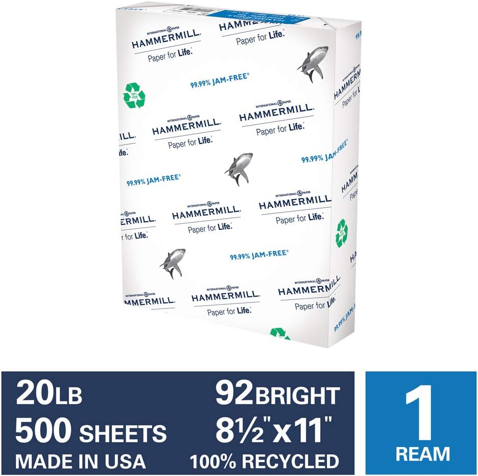 Hammermill Great White 100% Recycled 20lb Copy Paper, 8.5 x 11, 1 Ream, 500 Sheets, Made in USA, Sustainably Sourced From American Family Tree Farms, 92 Bright, Acid Free, Multipurpose Paper, 086790R : Multipurpose Paper : Office Products