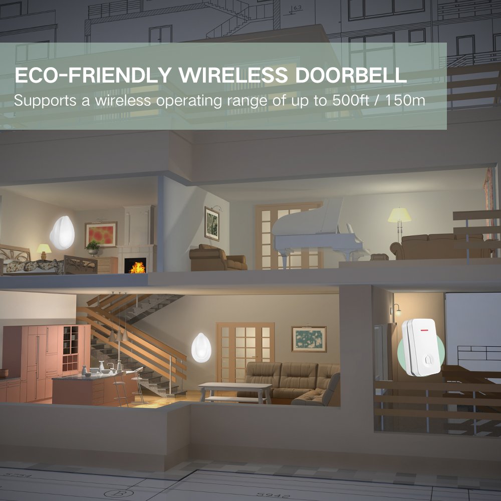 NOVETE Ecody Wireless Doorbell with LED Light, Door Chime Kit w/ Kinetic Self Powered (No Battery Required) and IP7 Waterproof Weatherproof (Immersible in water) Transmitter