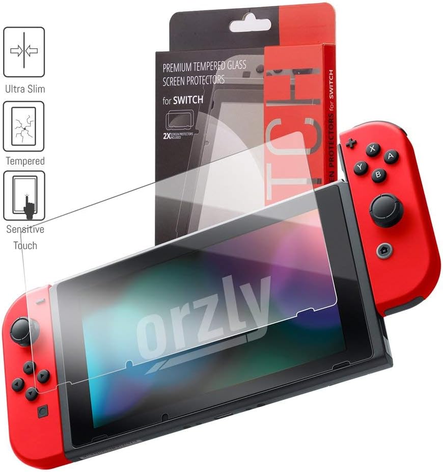 Orzly Switch Accessories Bundle Carry Case & Glass Screen Protectors for Nintendo Switch, USB