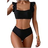 Verdusa Women's 2 Piece Ruffle Bikini Set Square Neck High Waisted Bathing Suit Beachwear