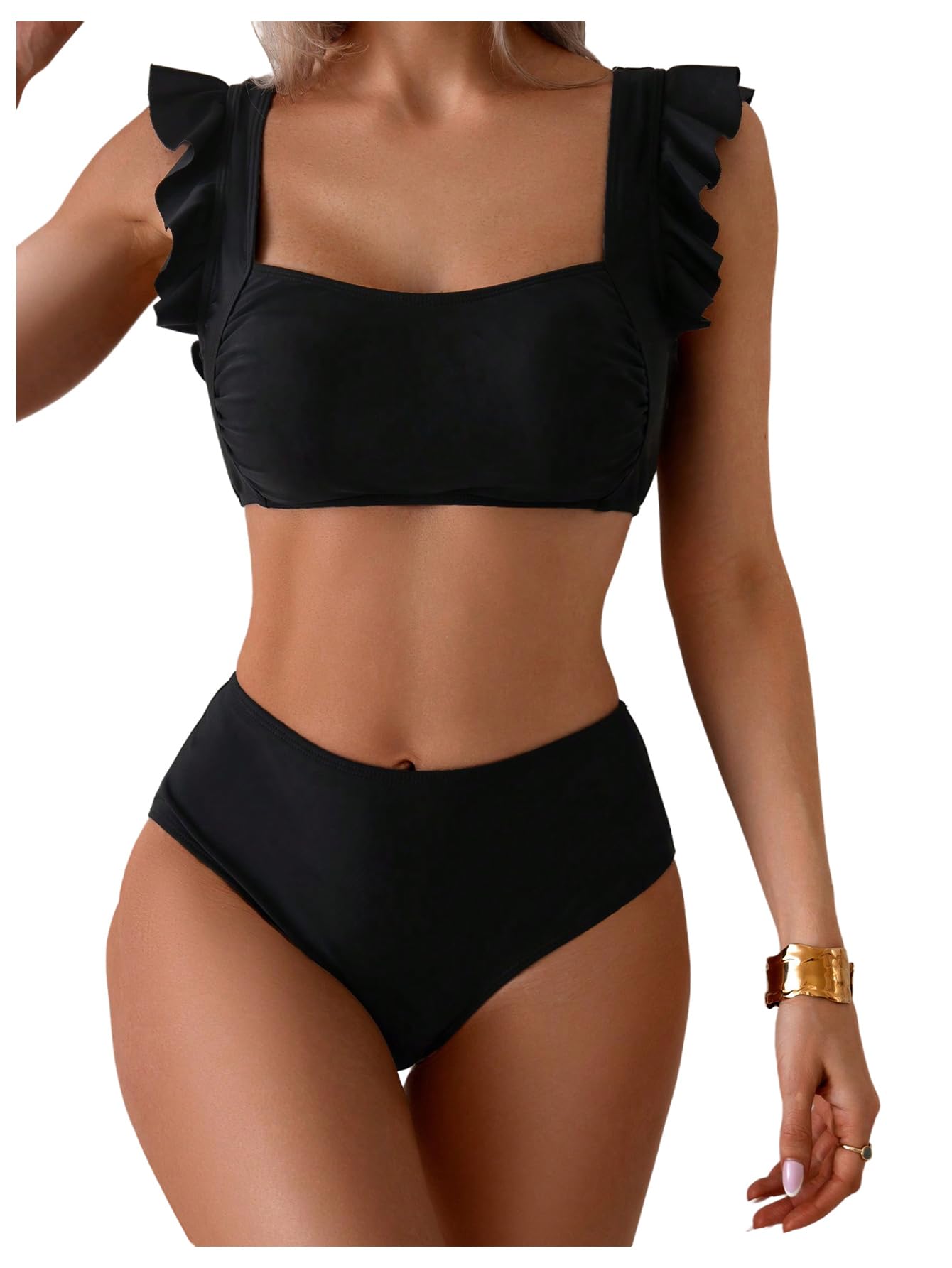 Photo 1 of **RUNS SMALL** SOLY HUX Bikini Sets for Women Ruffle High Waisted Bathing Suit Summer Two Piece Swimsuit Solid Black Medium