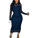 Binightt Womens Floral Lace Bodycon Midi Dress Long Sleeve Sexy See Through Mesh Club Party 2 Piece Dress Set
