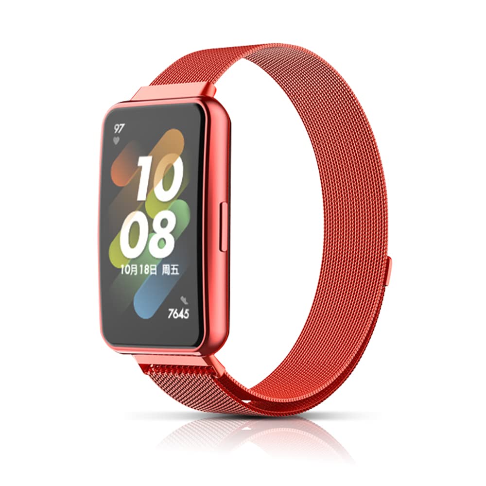 Niboow Strap Compatible with Huawei Band 7, Men Women Magnet Stainless Steel Metal Watch Bands Compatible with Huawei Band 7 - Red