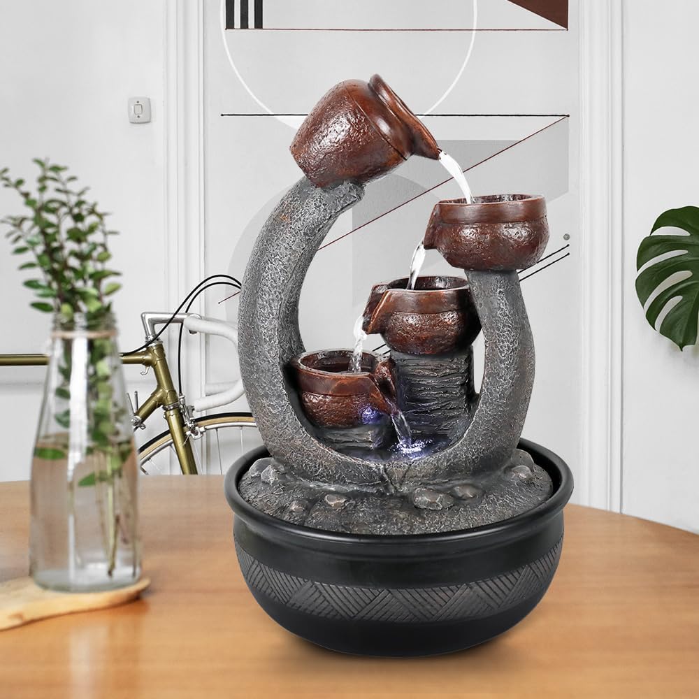 Indoor Fountains & Accessories - xpiyaer 15.7-inch 4-Tier Tabletop Water Fountain with LED Lights - Indoor Soothing Cascading Waterfall for Home and Office Decor (Brown, 15.7