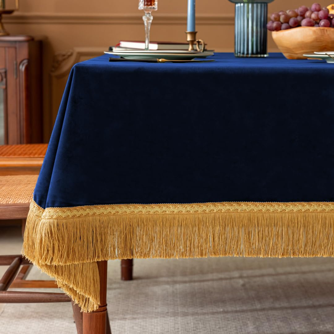 Photo 1 of F-CHU Blue Tablecloth Thickset Velvet Tablecloth with Beautiful Gold Tassels Vintage Table Cloth for Home Decor Wedding, Party, Banquet and Events 67x120-Inch
