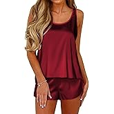 Ekouaer Womens Satin Silk Pajamas Back Split Tank Top and Shorts Silky Pj Set Sleepwear S-XXL