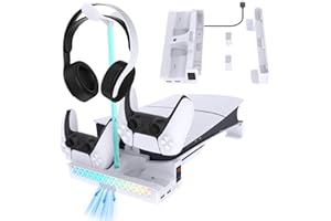 PS5 Slim/PS5 Pro Horizontal Stand with Cooling Fan and PS5 Controller Charger for PlayStation 5 Console,Cooling Station with 