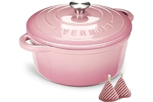 Overmont Enameled Cast Iron Dutch Oven - 5.5QT Pot with Lid Cookbook & Cotton Potholders - Heavy-Duty Cookware for Braising, Stews, Roasting, Bread Baking pink