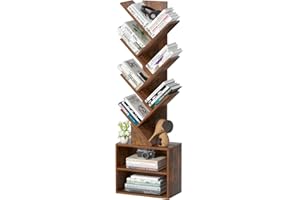 SHEEPAM 10 Tier Tree Bookshelf,Floor Standing Wood Tall Bookcase for Narrow Space, Storage Organizer Bookshelves for Books, Book Case for CDs/Movies/Books,Home Office,Living Room, Bedroom